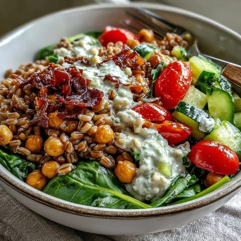 A vibrant Mediterranean Farro Bowl topped with feta, cherry tomatoes, and parsley sits on a rustic table.