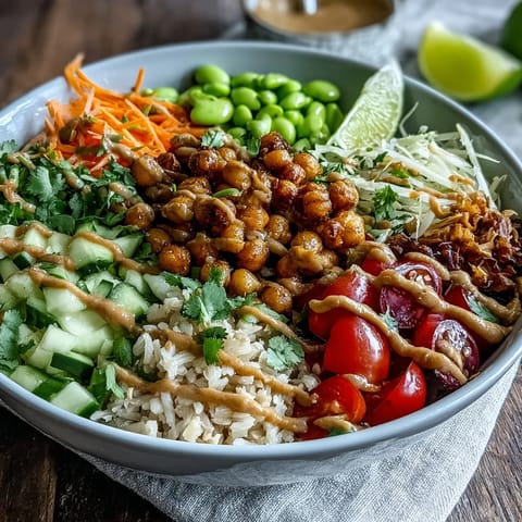 Golden roasted chickpeas and crisp vegetables top a grain base for a vibrant Peanut Chickpea Protein Bowl, drizzled with creamy peanut sauce.