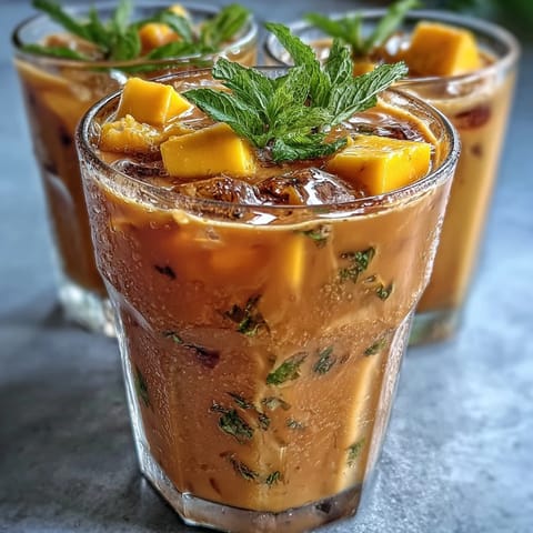 Refreshing mango peach iced tea with fresh mint, perfect for a sunny afternoon picnic.  