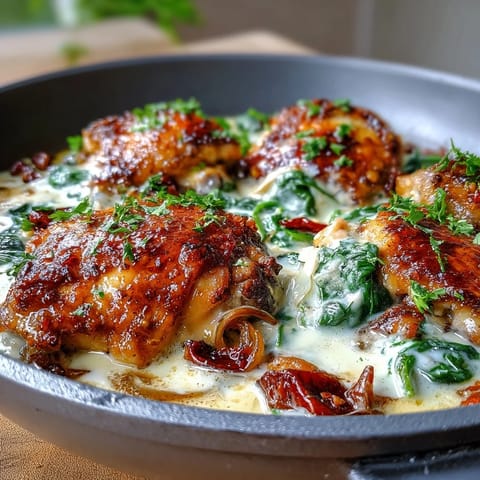 Creamy Tuscan Chicken Skillet with tender chicken in a rich garlic cream sauce, sun-dried tomatoes, and spinach.  