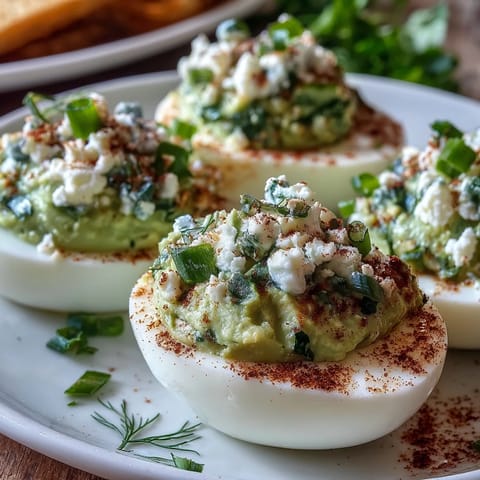 Green avocado deviled eggs with creamy filling and fresh herbs on a white platter, perfect for spring parties and healthy appetizers.