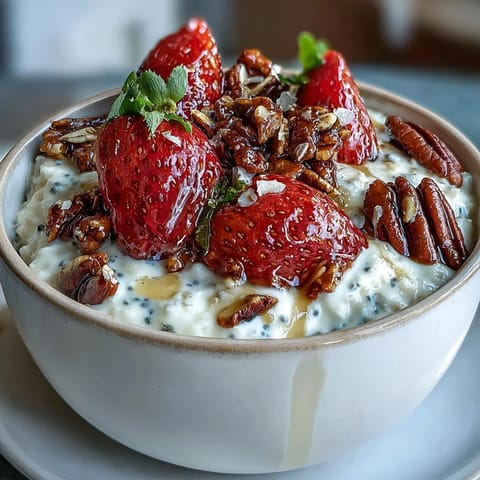 Creamy strawberry overnight oats with chia seeds and granola, topped with fresh berries for a healthy breakfast.