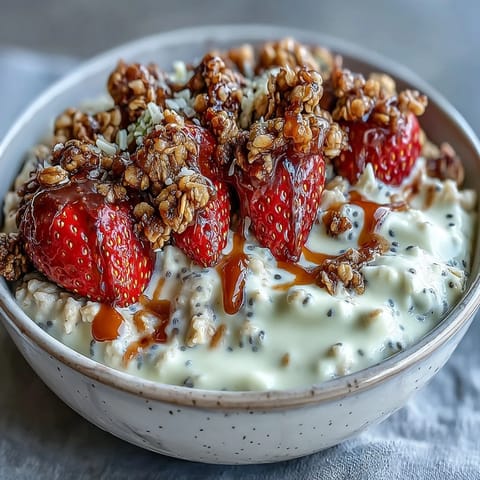 Strawberry chia overnight oats layered with crunchy granola and juicy berries, perfect for a quick, nutritious morning meal.
