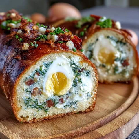 Festive Easter savory pie with hard-boiled eggs and ham, golden puff pastry filled with creamy ricotta, spinach, and savory ham.