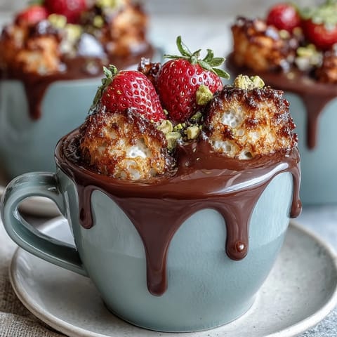 Dubai Chocolate Strawberry Cups with Kataifi and Pistachio Cream in a golden pastry nest, topped with glossy chocolate and fresh berries.