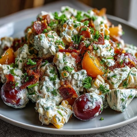 Colorful Creamy Corn Salad with Jalapeño, featuring juicy tomatoes, red peppers, and a smoky, spicy kick.  