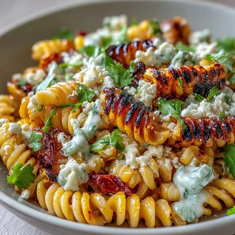 Creamy Elote Corn Pasta Salad with Cotija cheese, vibrant with charred corn and zesty lime dressing.