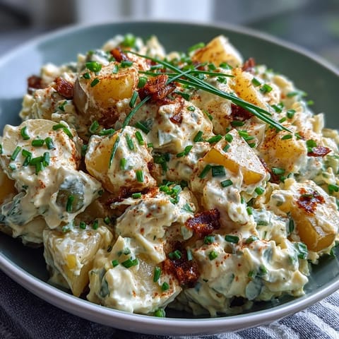 Creamy Classic Deviled Egg Potato Salad with tender potatoes, tangy mustard dressing, and fresh herbs, perfect for summer cookouts and picnics.