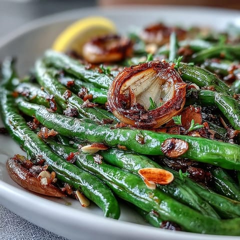 Tender green beans roasted to perfection with sliced garlic, finished with a sprinkle of lemon zest and toasted almonds.  