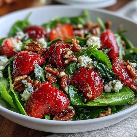Fresh spring strawberry spinach salad with juicy berries, creamy goat cheese, and crunchy candied pecans, drizzled with tangy balsamic vinaigrette.