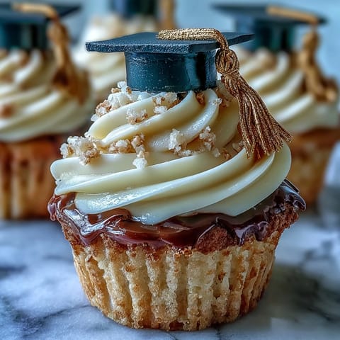 Graduation cupcakes with black and gold fondant caps, vanilla buttercream swirls, and edible gold dust for sparkle.