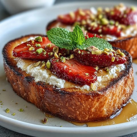 Strawberry Honey Ricotta Toast with Pistachios: golden toast layered with creamy ricotta, juicy strawberries, drizzled honey, and crunchy pistachios.