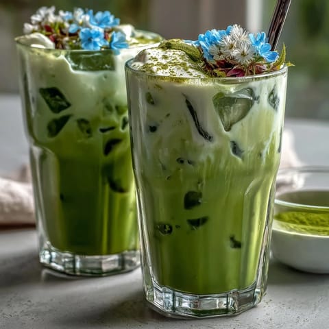 A refreshing iced matcha latte with silky vanilla cold foam, perfect for Mother's Day brunch.
