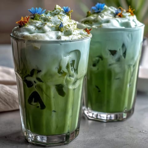 Two tall glasses of layered iced matcha latte topped with pillowy vanilla cold foam and ice cubes.