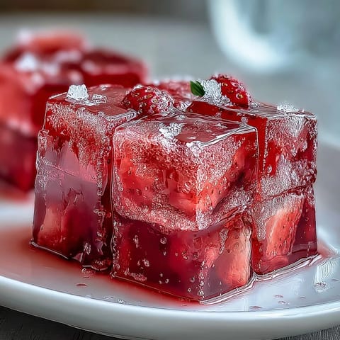 A vibrant mosaic of strawberry and rose gelatin cubes suspended in creamy vanilla base, perfect for elegant celebrations.