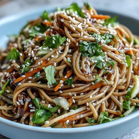 Cold soba noodle salad with sesame ginger dressing, a vibrant, chilled dish.
