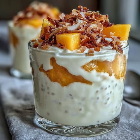 Skyr Protein Chia Pudding with sweet, fresh mango cubes and coconut flakes.