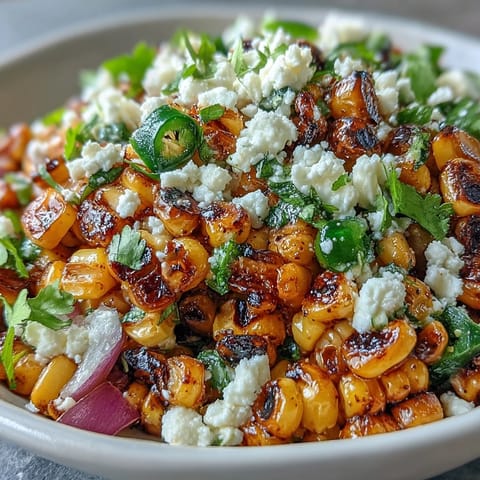 Vibrant street corn salad featuring cotija, lime, and a spicy, tangy dressing.