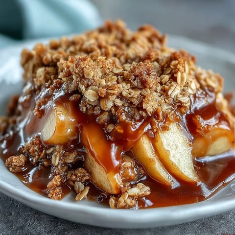 Warm Father's Day Whiskey Caramel Apple Crisp with gooey caramel and golden crumble.