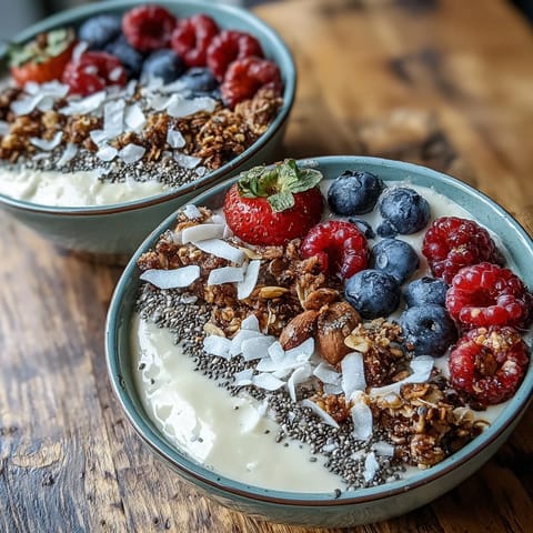 Thick skyr protein smoothie bowl with vibrant berries and crunchy granola topping.