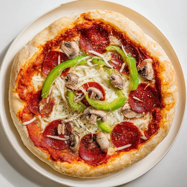 Homemade Stuffed Crust Pizza topped with pepperoni, bell peppers, and mushrooms served hot.