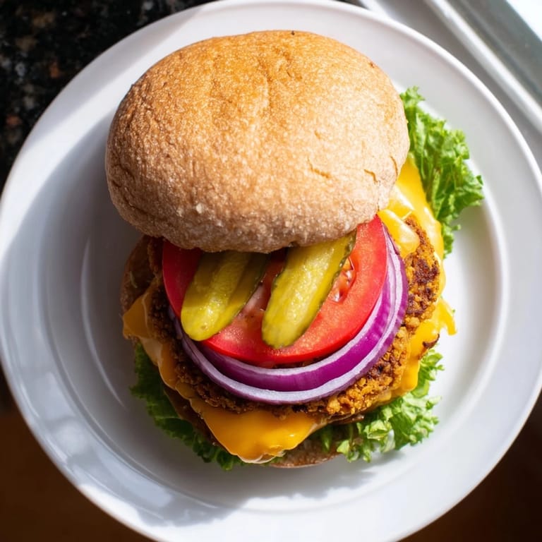 Mouthwatering Veggie Burger stacked with lettuce, tomato, cheese, pickles, and condiments, ready to eat.