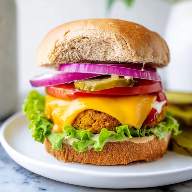 Freshly cooked Veggie Burger served with crunchy onion rings and ketchup on a plate for dinner.