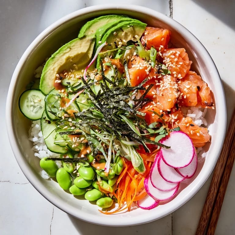Fresh Poke Bowl topped with nori strips, toasted sesame seeds, and radishes, ready to enjoy as a light meal.