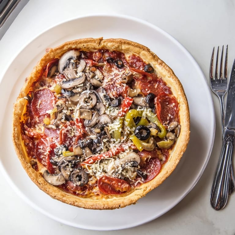 Freshly baked Deep Dish Pizza in a cast iron pan, loaded with colorful bell peppers, mushrooms, and savory pepperoni toppings.
