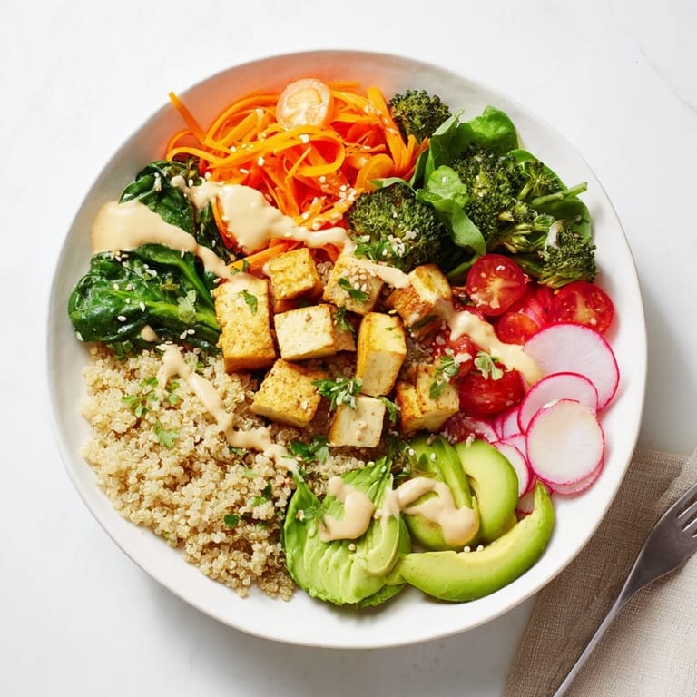 A generously dressed and beautifully arranged Buddha Bowl features savory tofu, crisp radishes, and toasted sesame seeds for a nourishing main dish.
