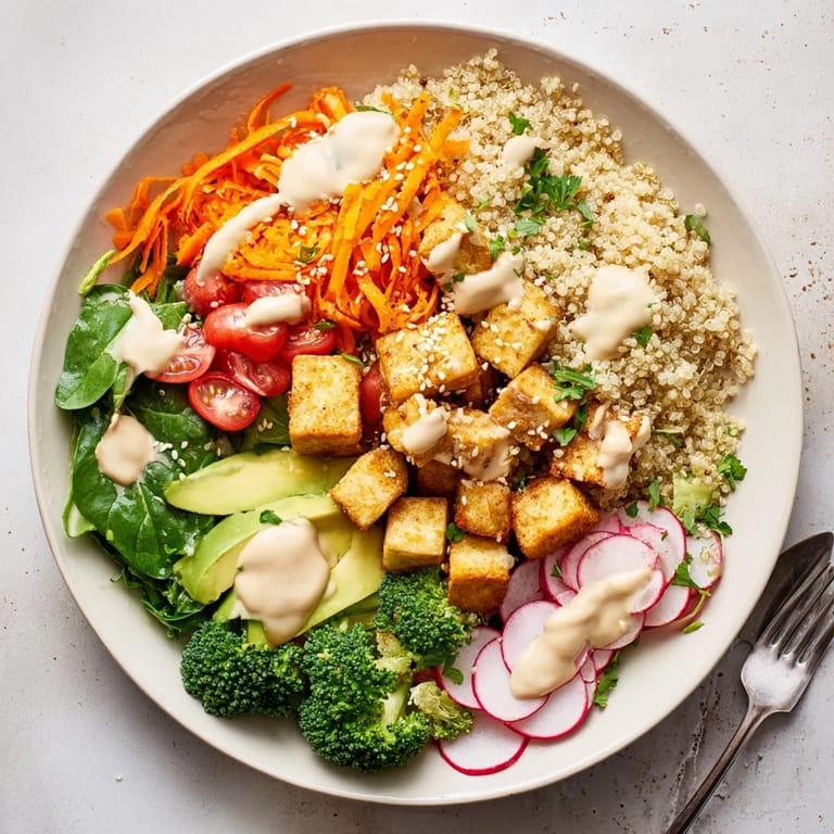 Sliced avocado, shredded carrots, and fresh cherry tomatoes add texture and color to a wholesome, restaurant-style Buddha Bowl, ready to enjoy.