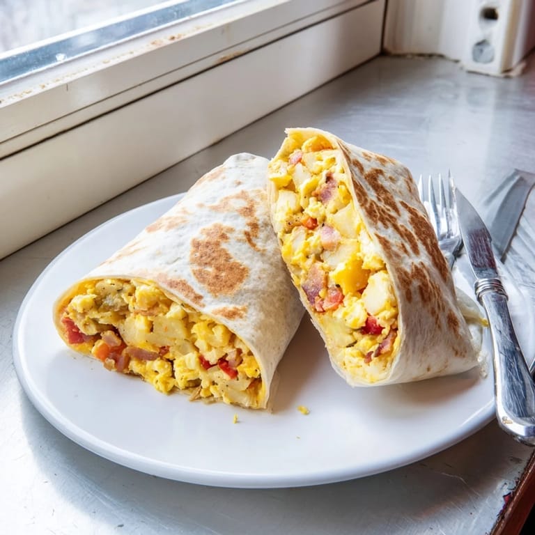 Warm flour tortilla wrapped around savory Breakfast Burrito ingredients, served with a side of salsa and avocado.