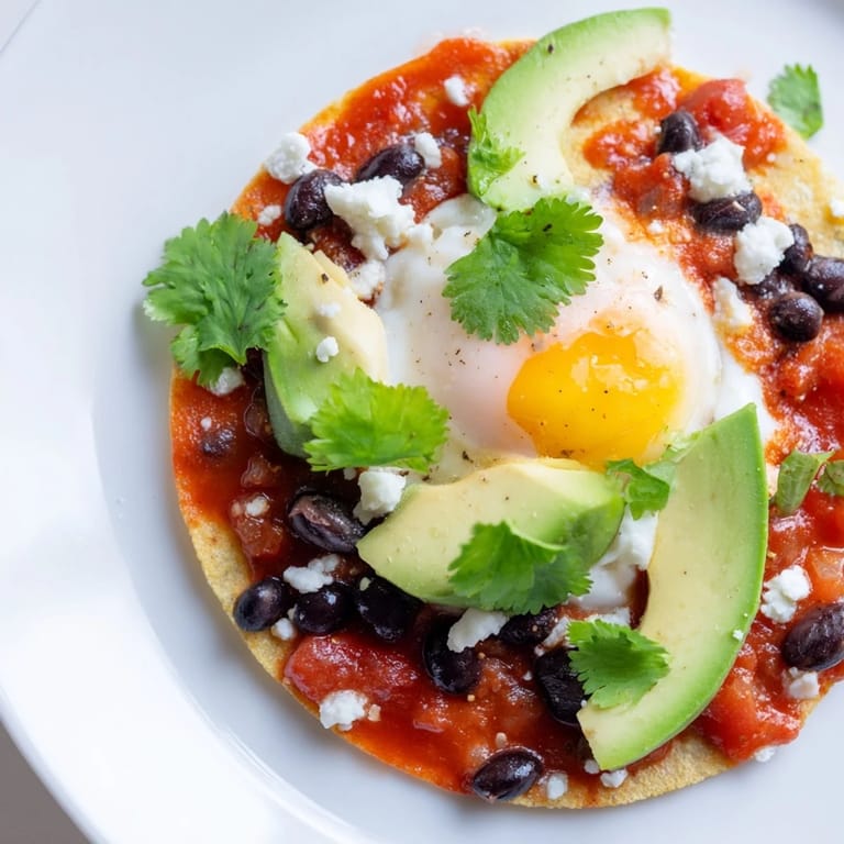 Steaming Huevos Rancheros topped with sliced avocado and cilantro, served on a colorful plate alongside a side of black beans for a hearty Mexican breakfast.