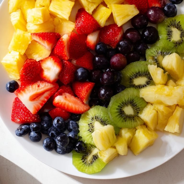 Spoon lifting a serving of Fruit Salad from a bowl, revealing a juicy mix of fresh produce.