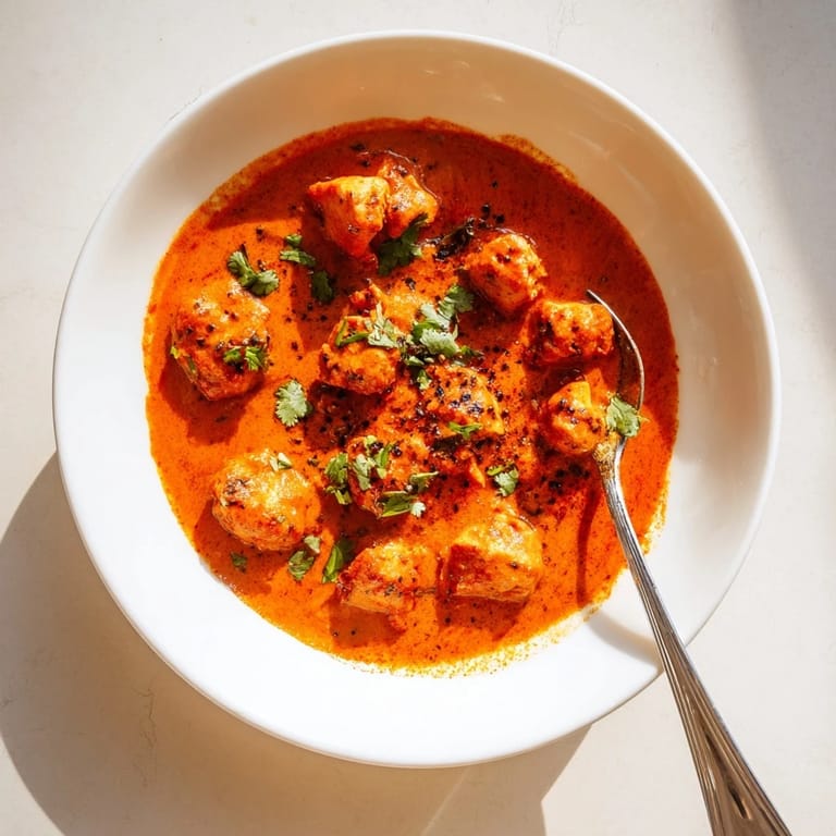 Richly spiced Chicken Tikka Masala in a skillet, finished with cilantro and glowing under warm, appetizing kitchen light.