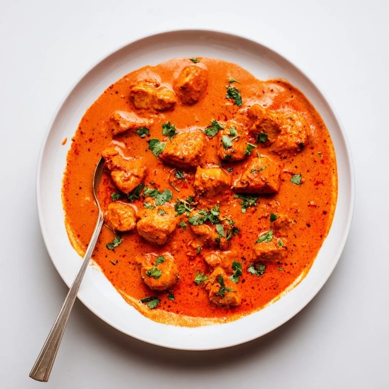 A steaming bowl of Chicken Tikka Masala, its creamy orange sauce ladled over tender chicken pieces next to garlic naan.