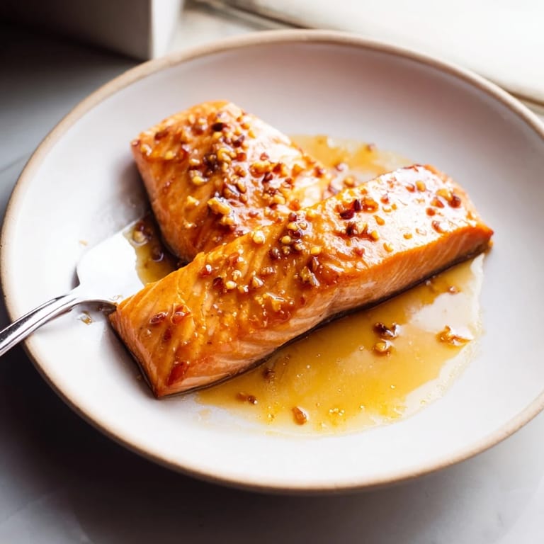 Sizzling Honey Garlic Salmon in a skillet, coated in a sweet-savory glaze, ready to serve with steamed rice.