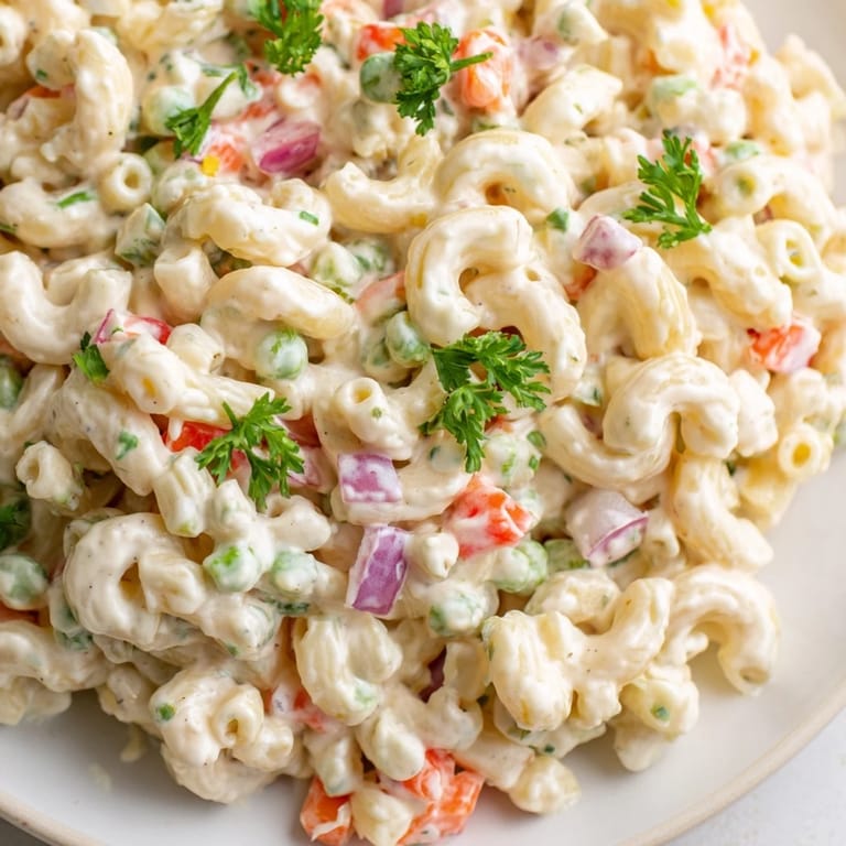A close-up of classic American macaroni salad with elbow pasta, diced carrots, and fresh parsley garnish on a rustic wooden table.