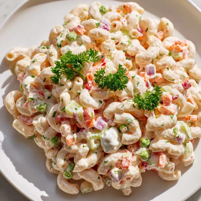 Cold homemade macaroni salad featuring crunchy vegetables and chives, a perfect side dish for summer picnics, potlucks, or backyard barbecues.