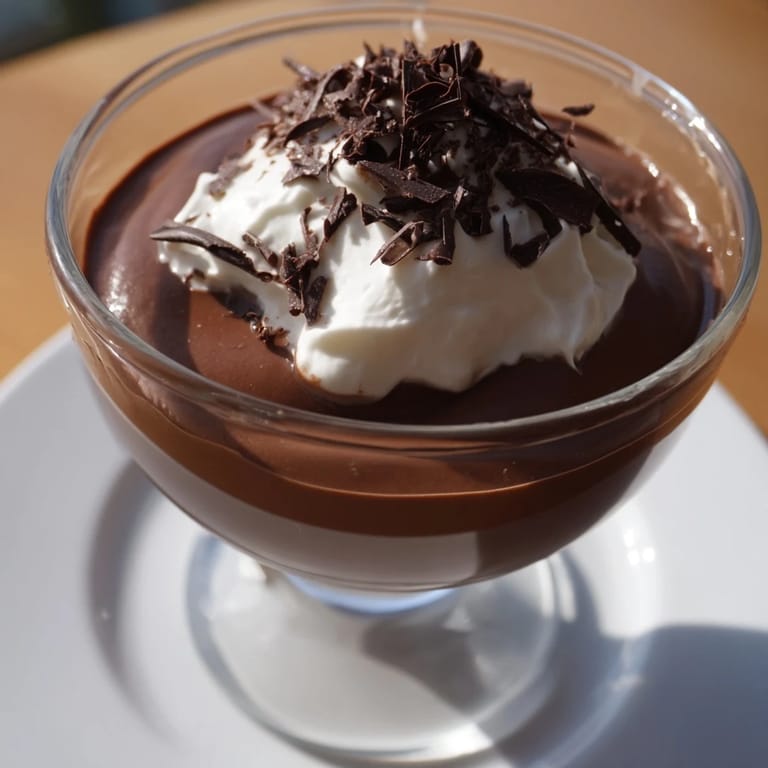 Luscious, glossy chocolate pudding layered in a dessert glass with chocolate shavings and a fresh raspberry garnish.