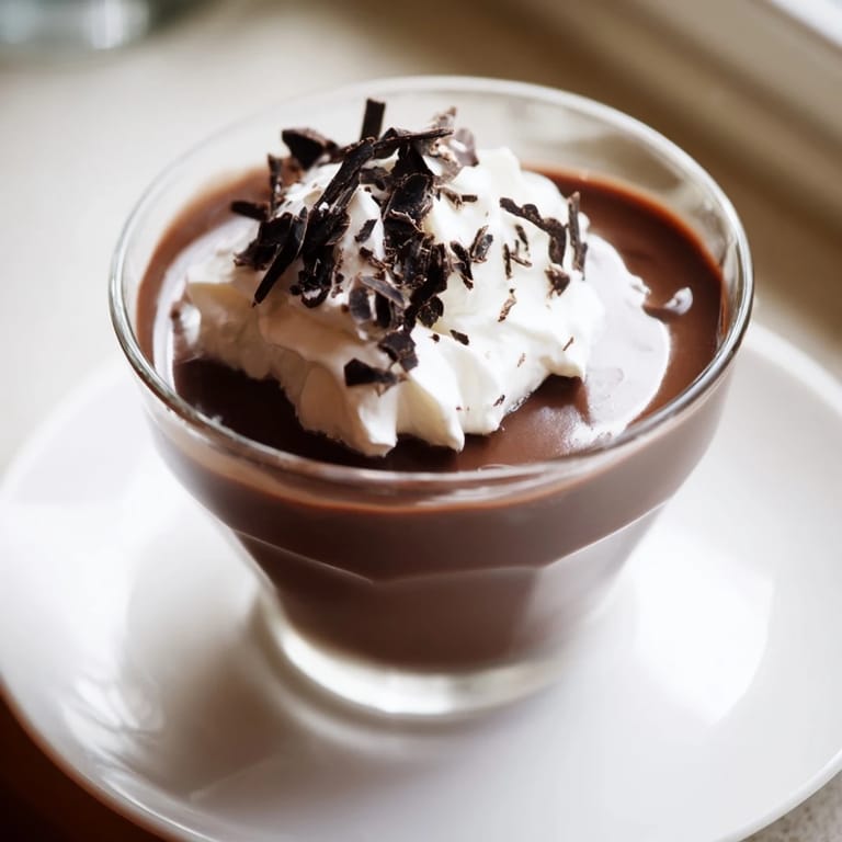 Smooth, chilled chocolate pudding dessert in a ramekin, ready to serve after a delicious, easy homemade meal.