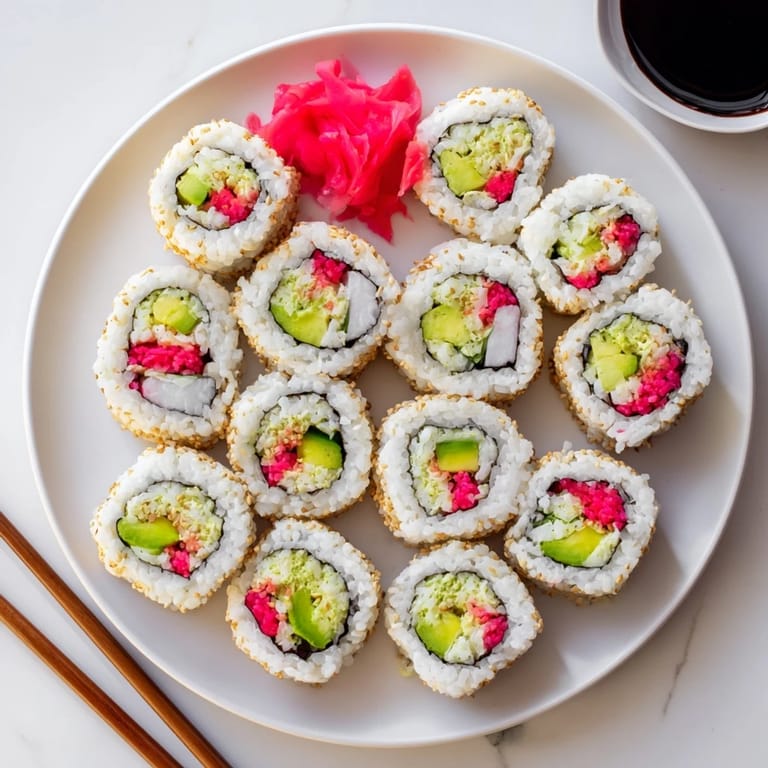 Sliced California Roll on a bamboo mat with nori, crab, avocado, and fresh cucumber strips.