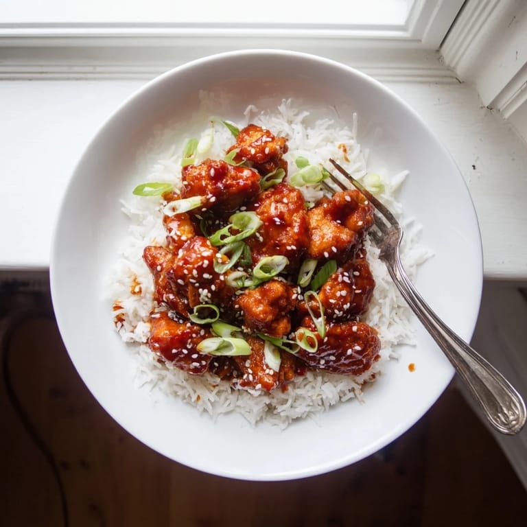 Golden, saucy General Tsos Chicken tossed with dried red chilies and fresh ginger on a serving platter.