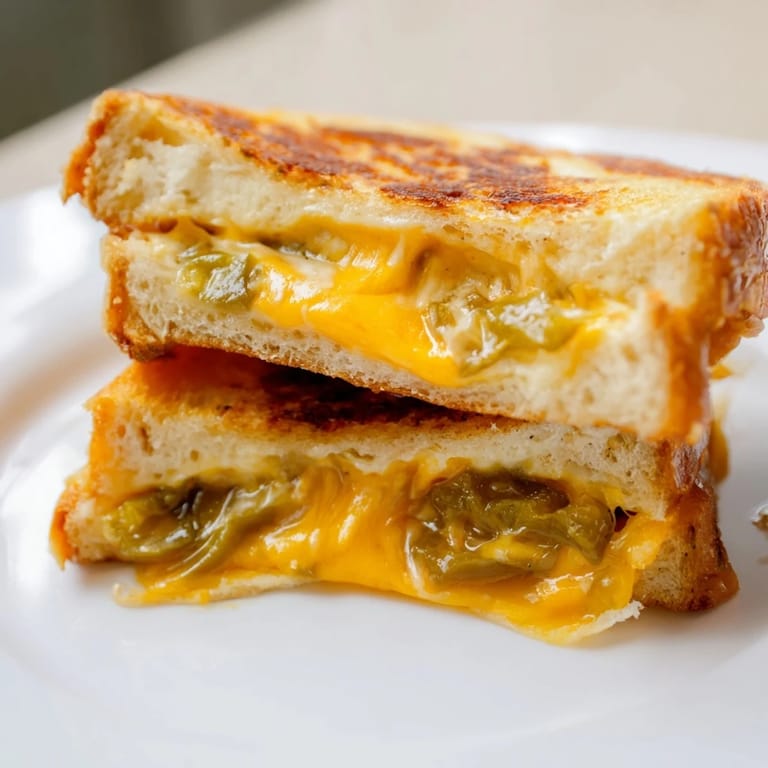 Perfectly grilled Cheddar Jalapeño Grilled Cheese shows melted cheddar and pickled jalapeños on toasted bread.