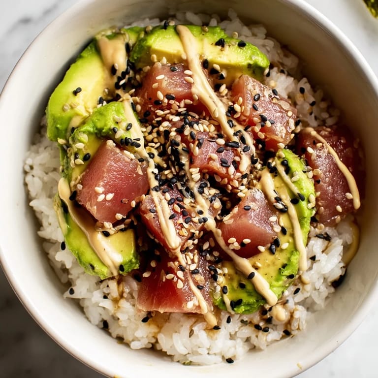 Close-up of a nourishing Tuna Avocado Rice Bowl drizzled with sesame dressing and topped with toasted sesame seeds.  