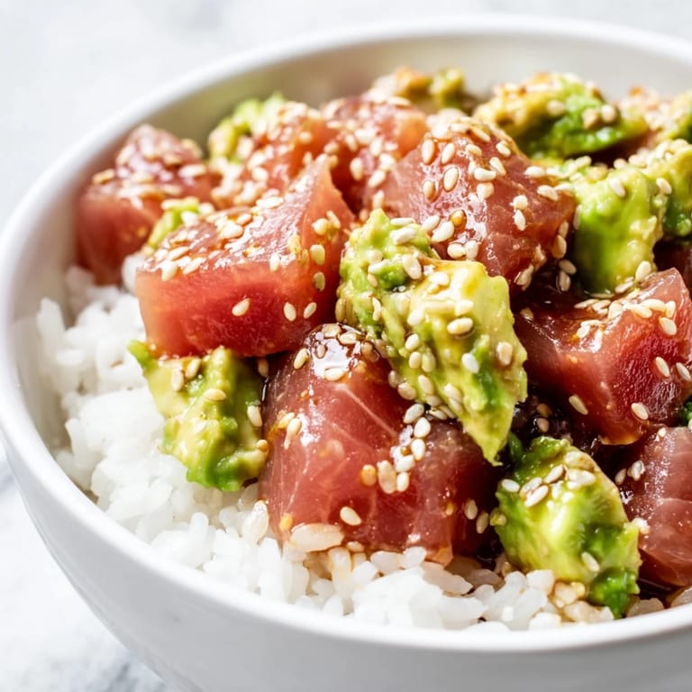 A fresh Tuna Avocado Rice Bowl garnished with scallions and nori, perfect for a quick weeknight meal.