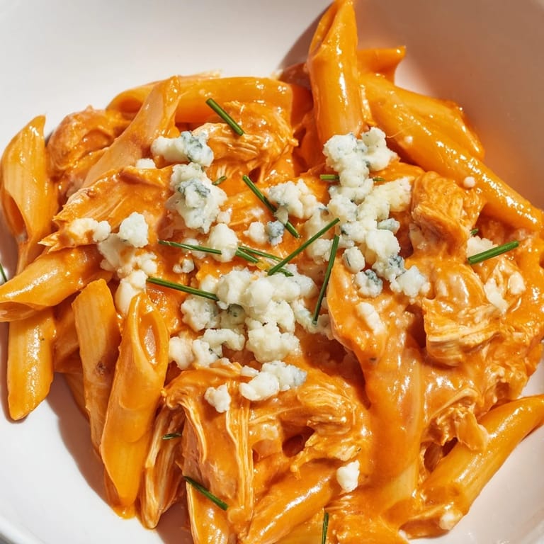 A hearty serving of Buffalo Chicken Pasta topped with blue cheese crumbles, fresh chives, and warm steam rising.