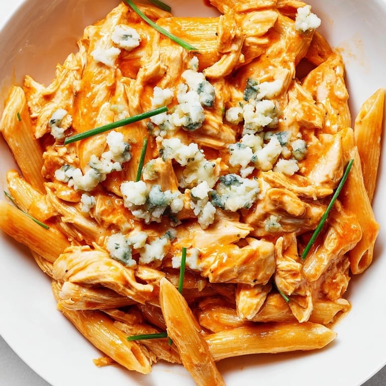 Close-up of Buffalo Chicken Pasta in a bowl, featuring glossy sauce, shredded chicken, and a side of celery.