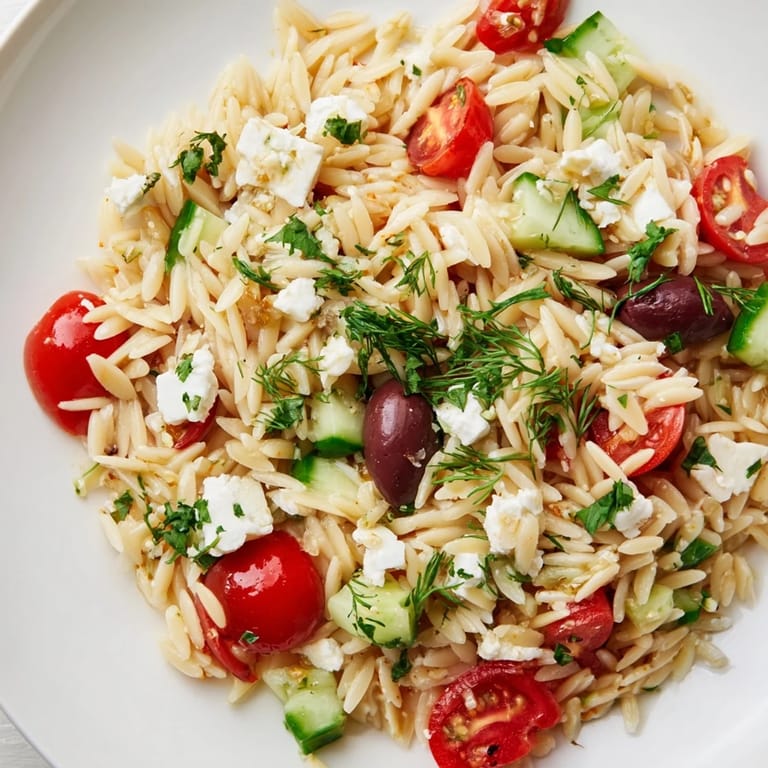 Freshly tossed Greek Orzo Salad with zesty lemon dressing, ready for a summer picnic or potluck.