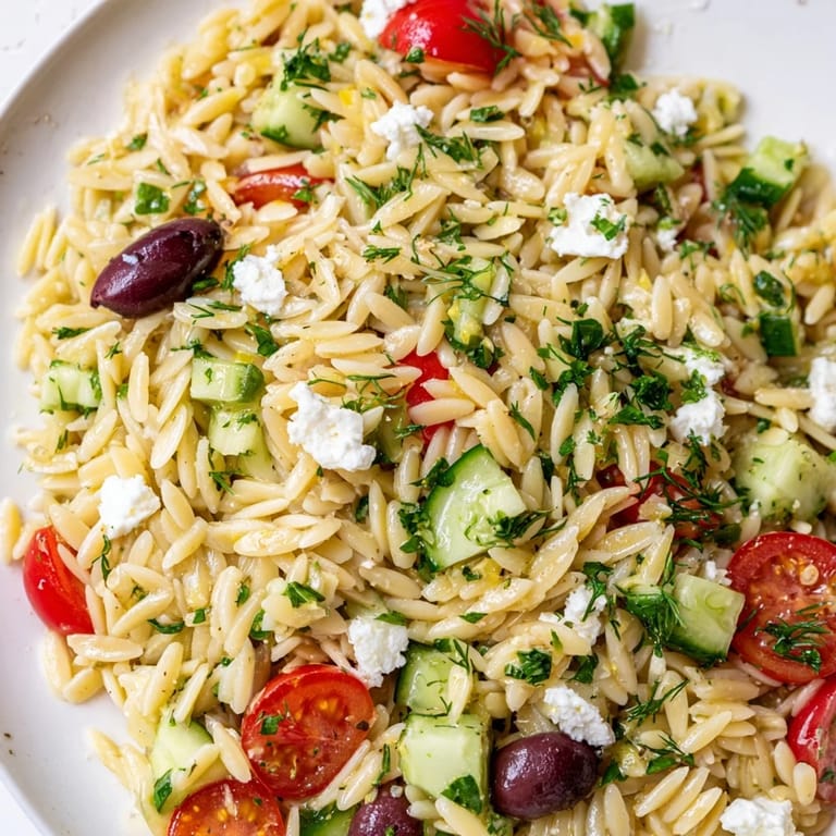 Colorful Greek Orzo Salad served in a white bowl, featuring red onion, olives, and fresh herbs.